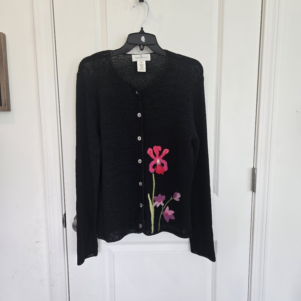 Susan Bristold Black Floral Women's Button Down Sweater Size Large